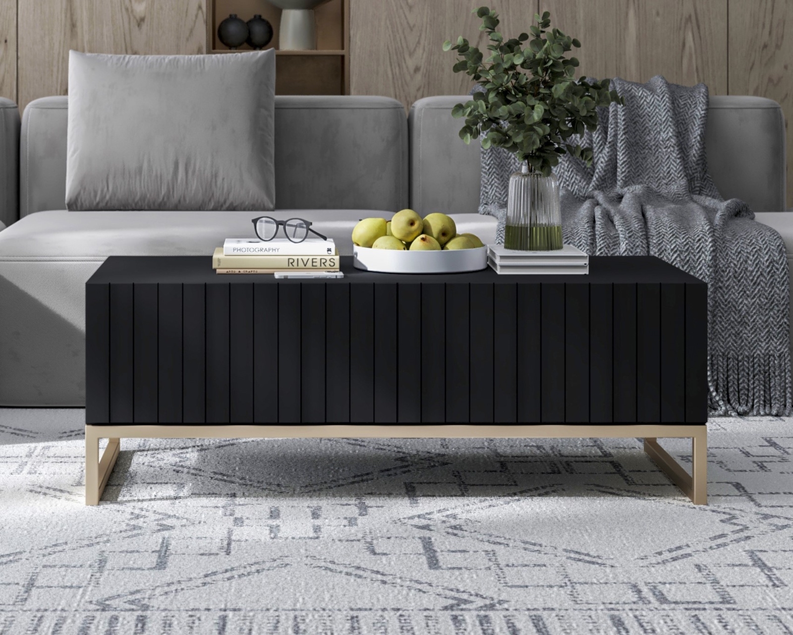 Ryflowany stolik glamour ze schowkiem Elpis czarny mat