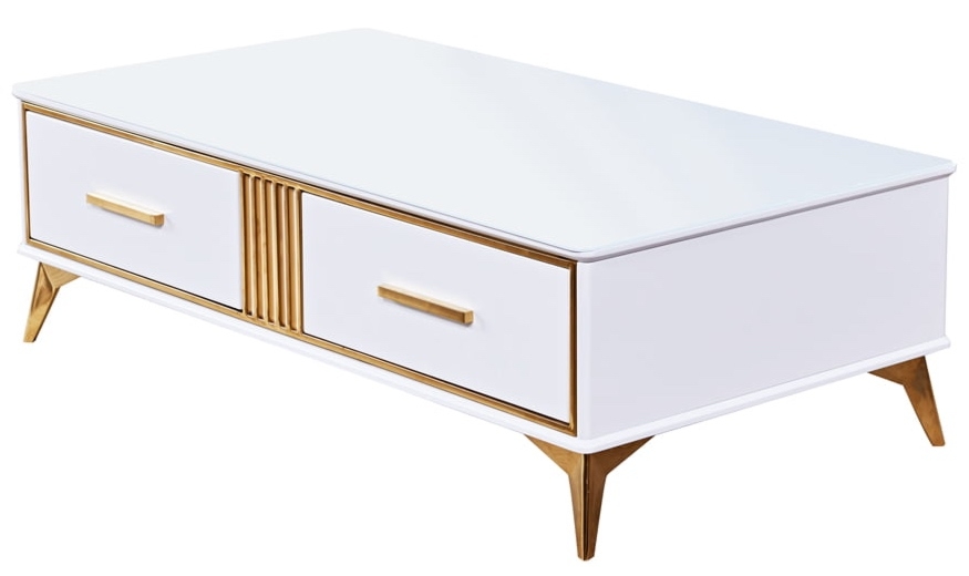 Biały stolik kawowy Laval ze szklanym blatem i złotymi wstawkami