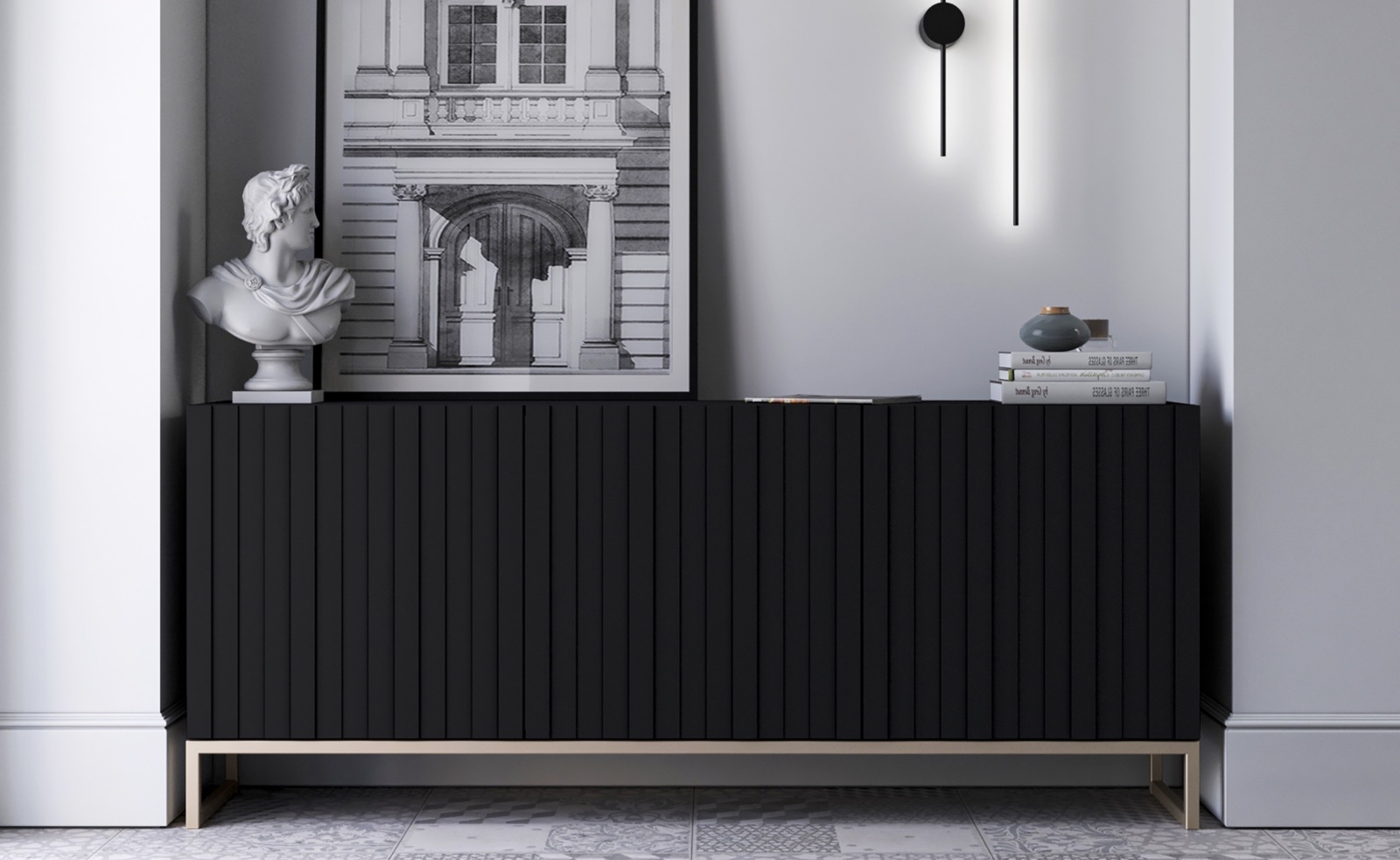 Szeroka komoda na płozach ryflowana Elpis czarna