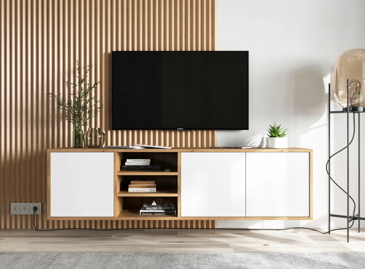 Wisząca szafka RTV z półkami Apollo 51 dąb wotan/biały