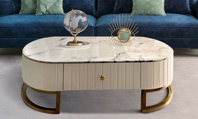 Owalny stolik kawowy Grosse ze wzorem białego marmuru