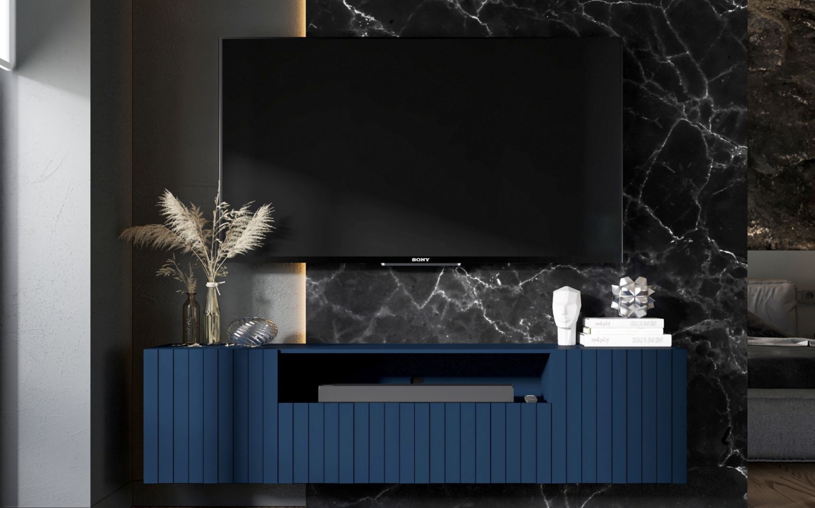 Wisząca szafka RTV ryflowana z wnęką Elpis 2 granatowa