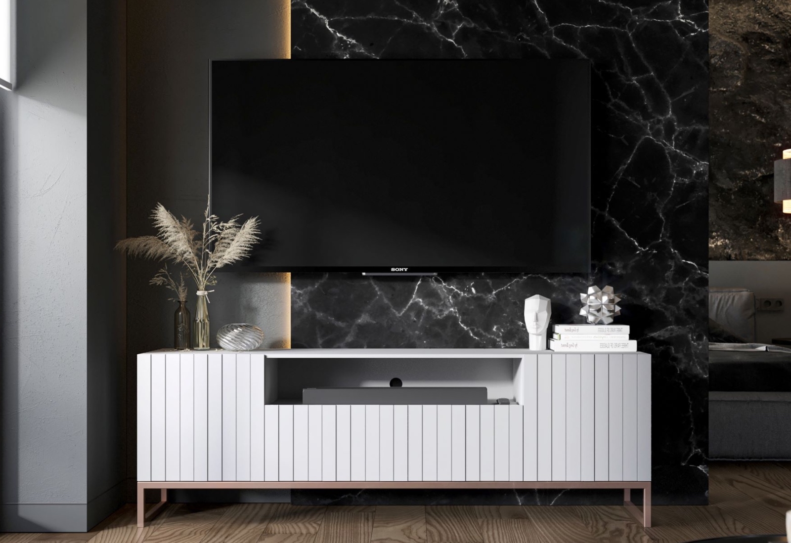 Ryflowana szafka RTV z wnęką Elpis 2 biały mat