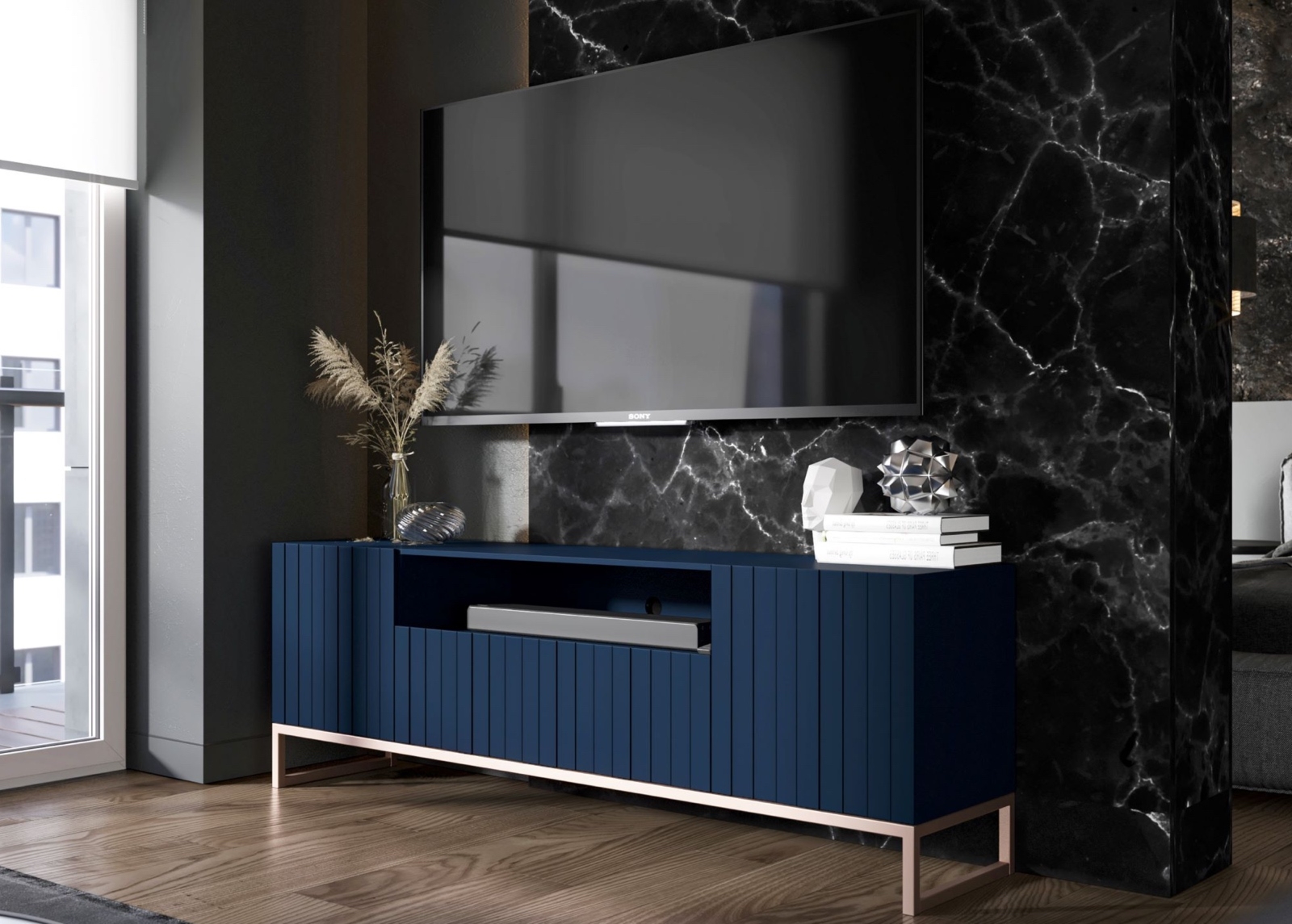 Ryflowana szafka RTV z wnęką Elpis 2 granatowa