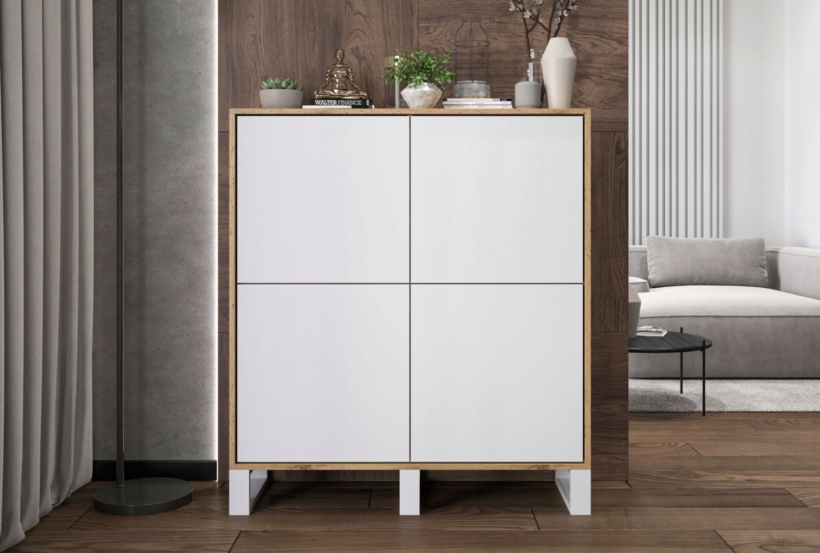 Wysoka komoda pokojowa na 3 płozach Apollo 144 dąb wotan/biały