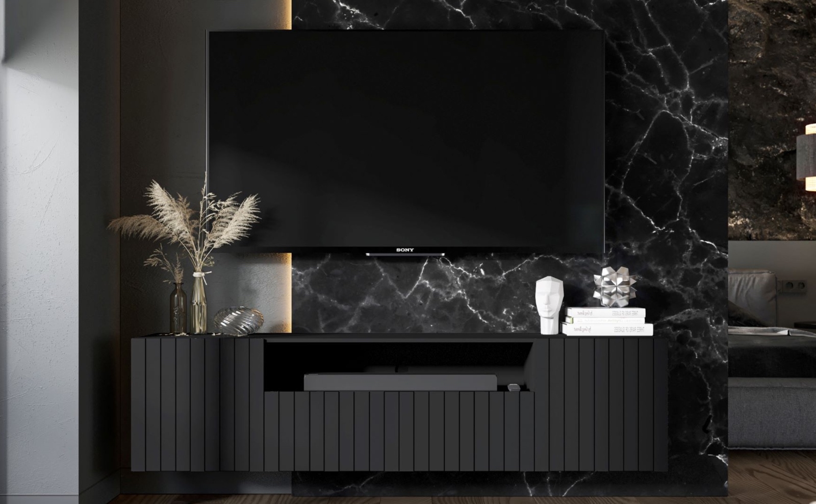 Wisząca szafka RTV ryflowana z wnęką Elpis 2 czarny mat