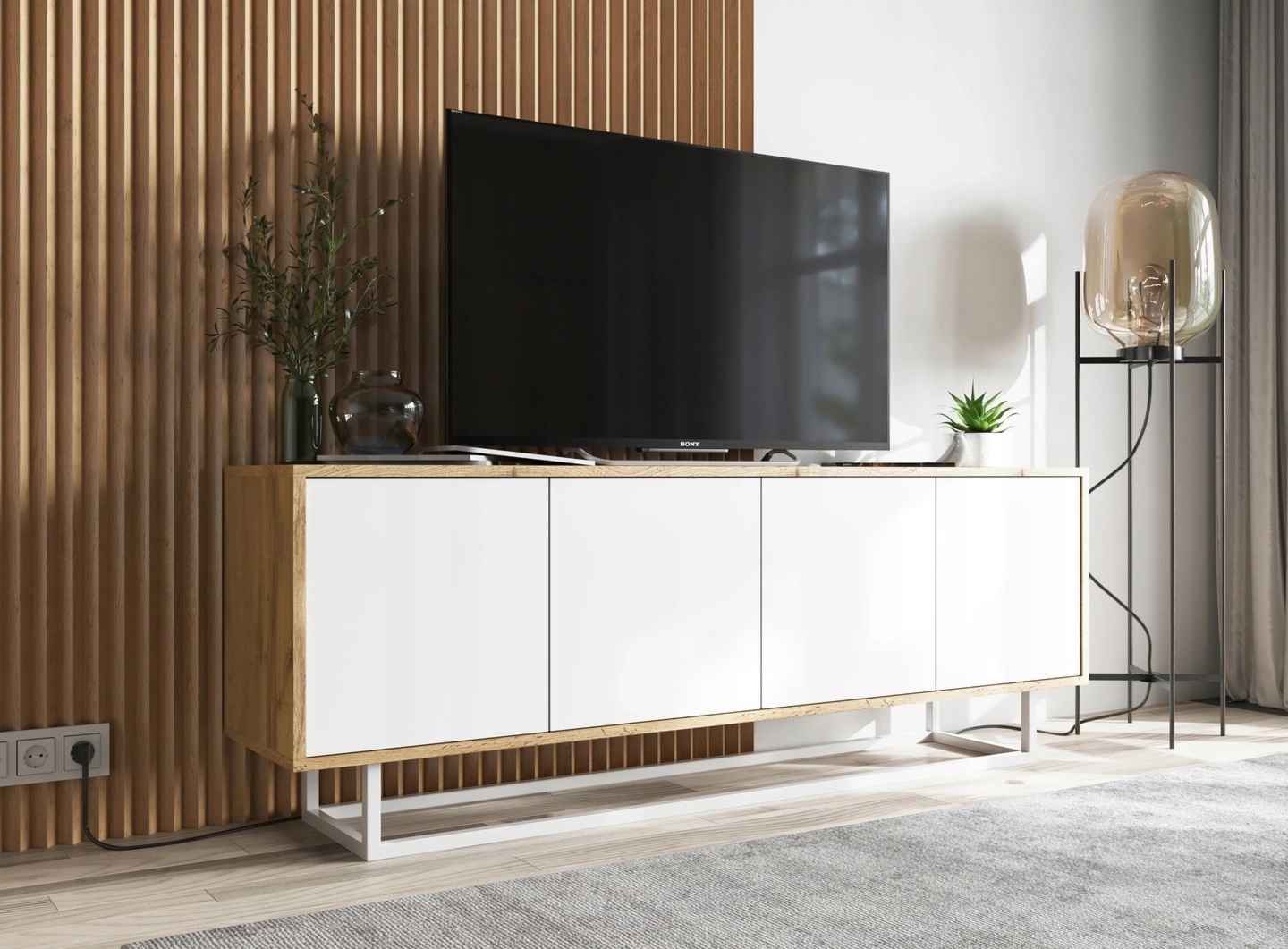 Szeroki stolik RTV z szafkami Apollo 47 dąb wotan/biały