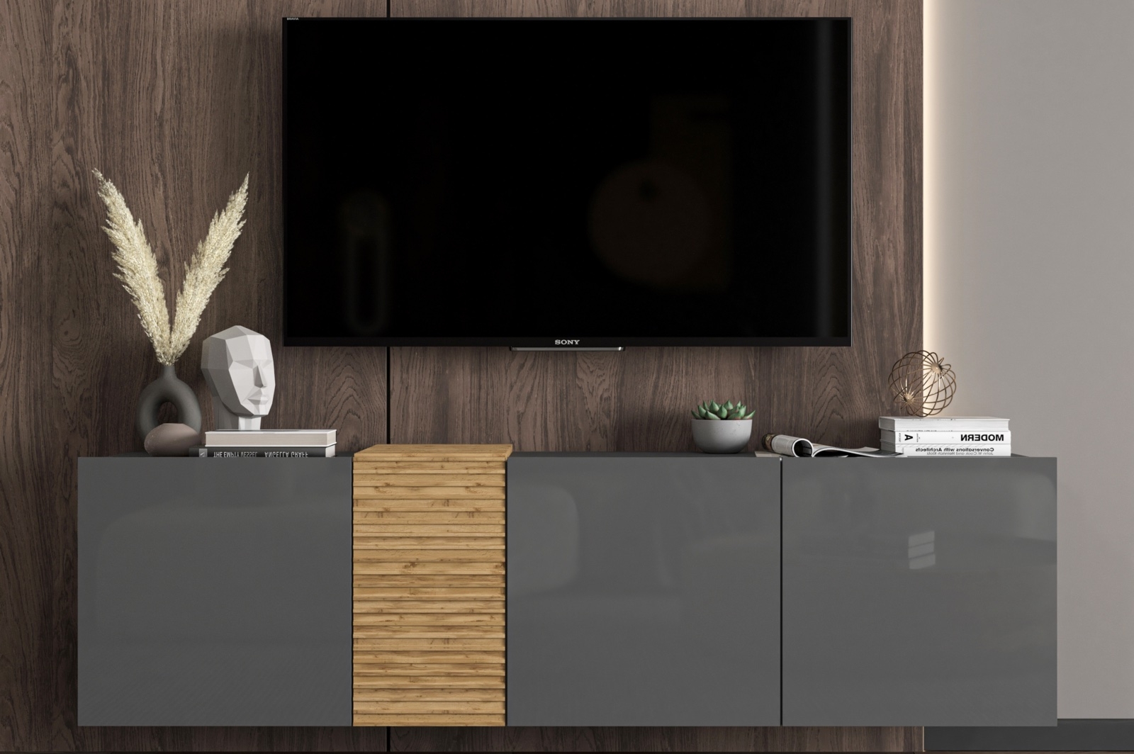 Grafitowa szafka pod telewizor wisząca Vanta połysk