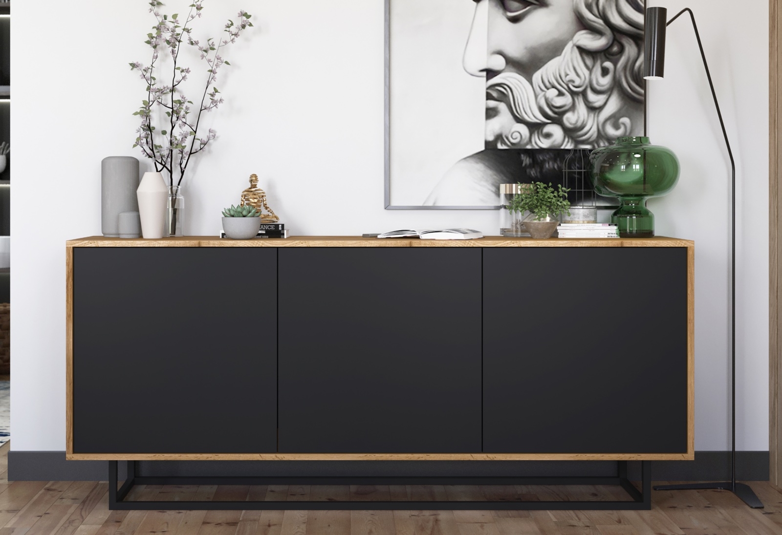 Trzydrzwiowa komoda w stylu loft Apollo 39 dąb wotan/czarny