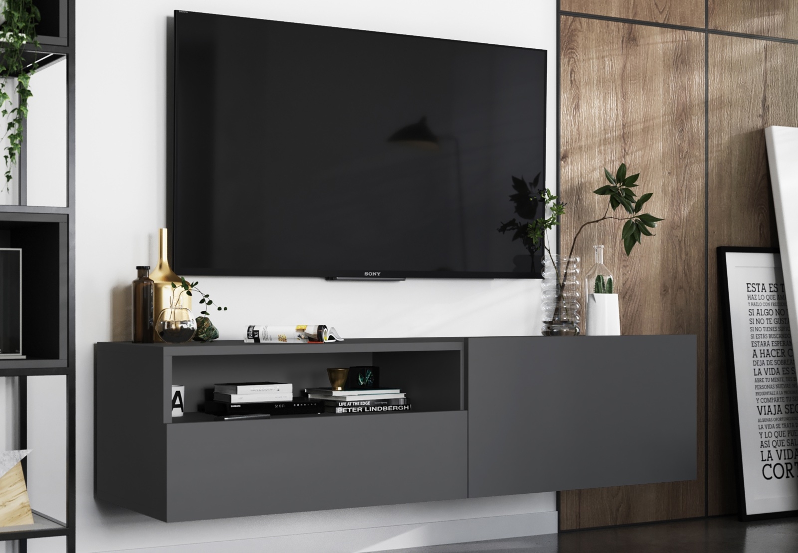 Ścienna szafka RTV z półką i szufladą Enjoy grafitowy