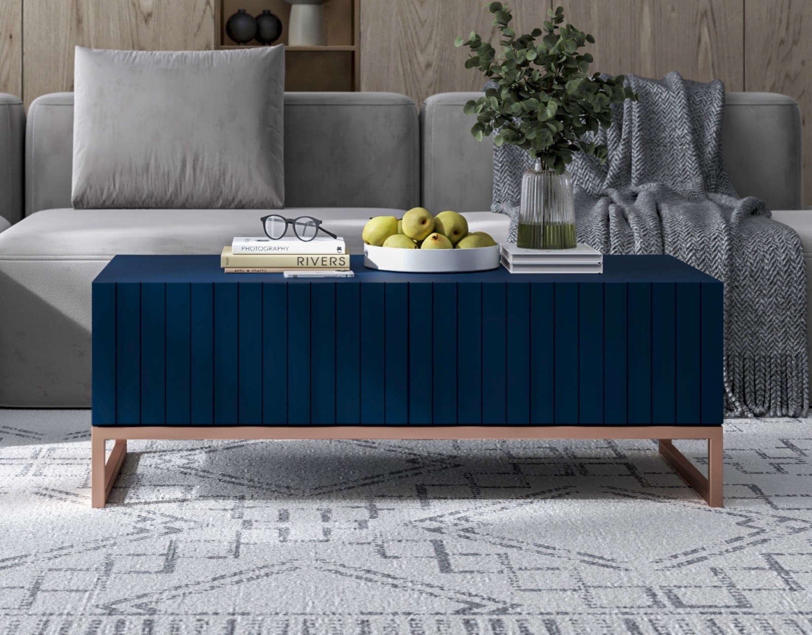 Ryflowany stolik glamour ze schowkiem Elpis granatowy