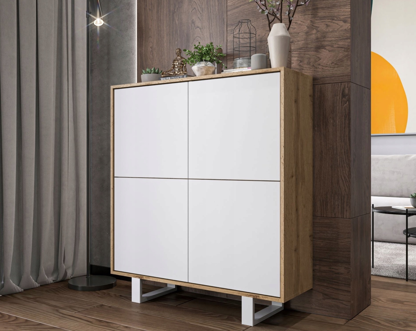 Wysoka komoda na dwóch płozach Apollo 147 dąb wotan/biały