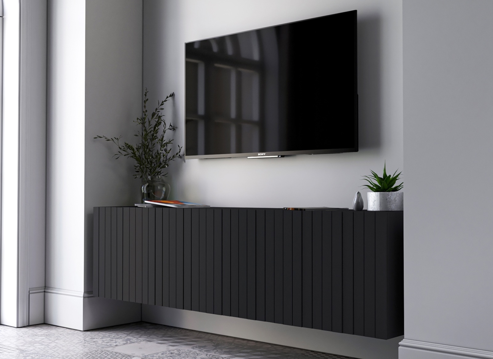 Wisząca szafka pod telewizor ryflowana Elpis czarna