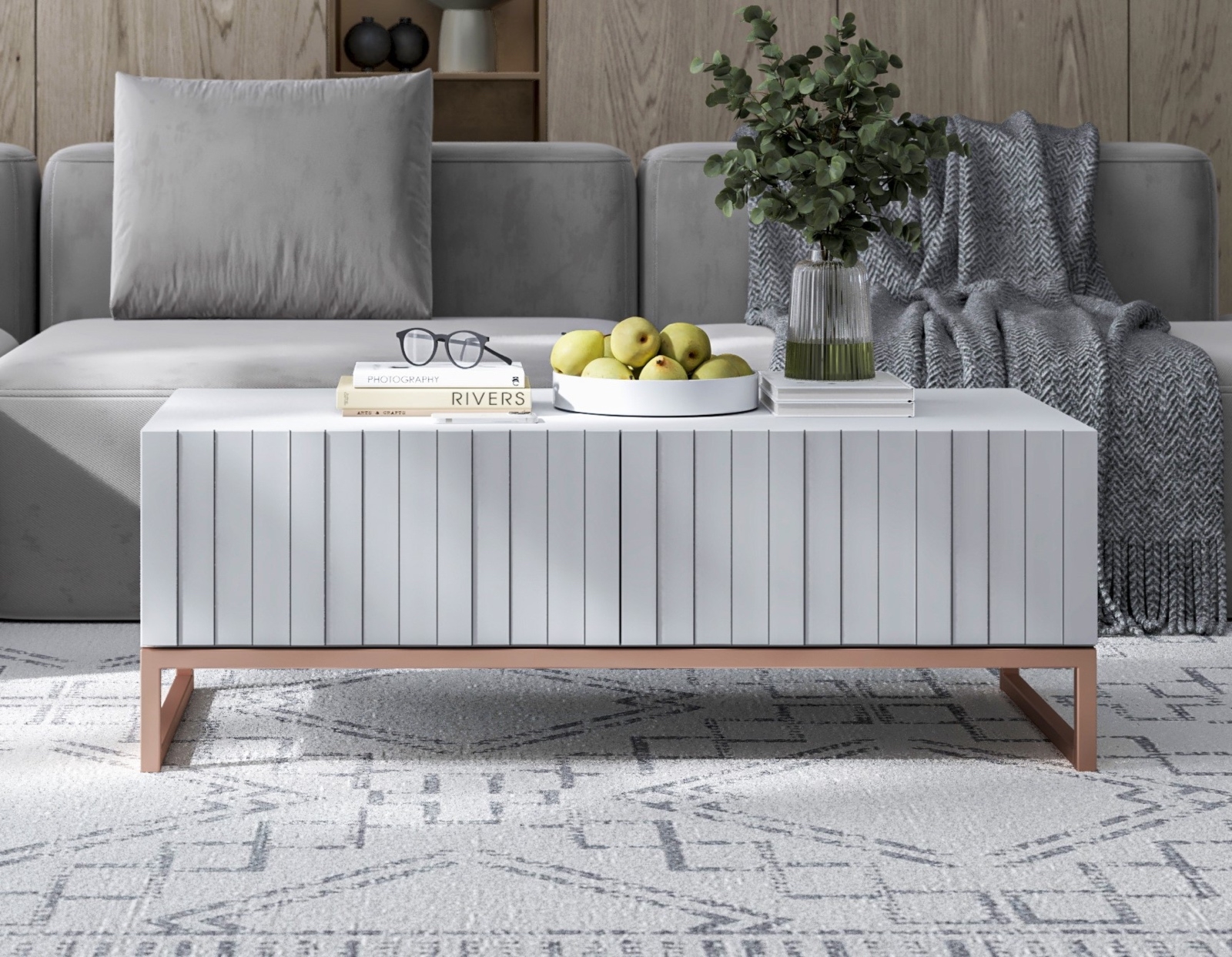 Ryflowany stolik glamour ze schowkiem Elpis biały mat