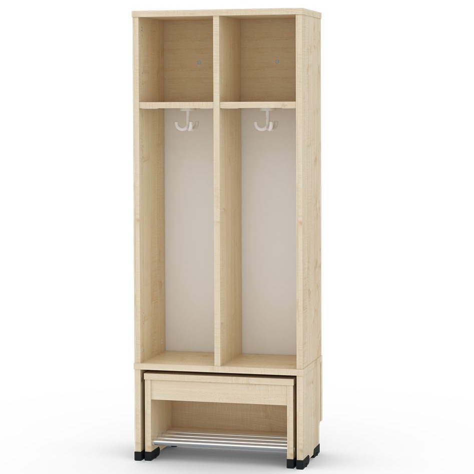 Dwuosobowa szatnia szkolna z wysuwanym siedziskiem trudnopalna otwarta