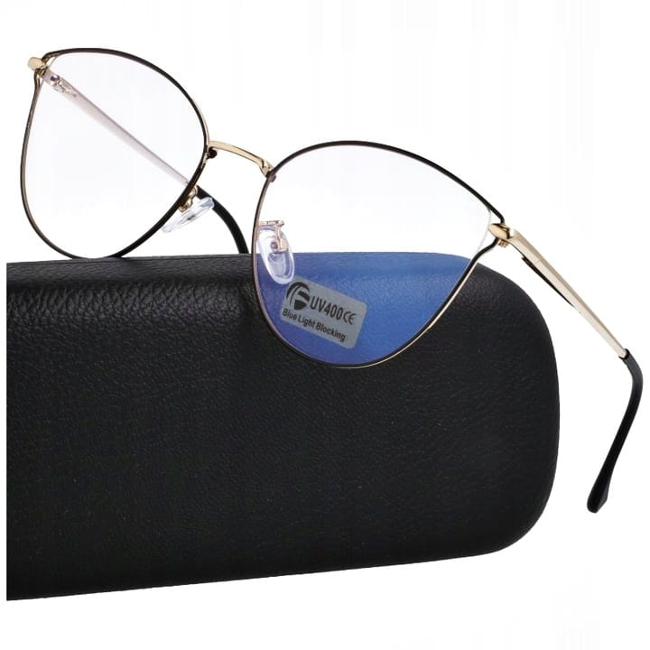 Okulary kocie do komputera damskie z filtrem blue light zerówki 2580 złoto-czarne