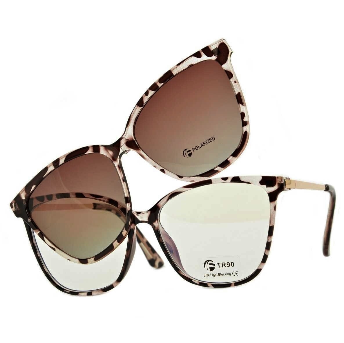 Damskie kocie okulary do komputera z nakładką przeciwsłoneczną clip-on 2594-1