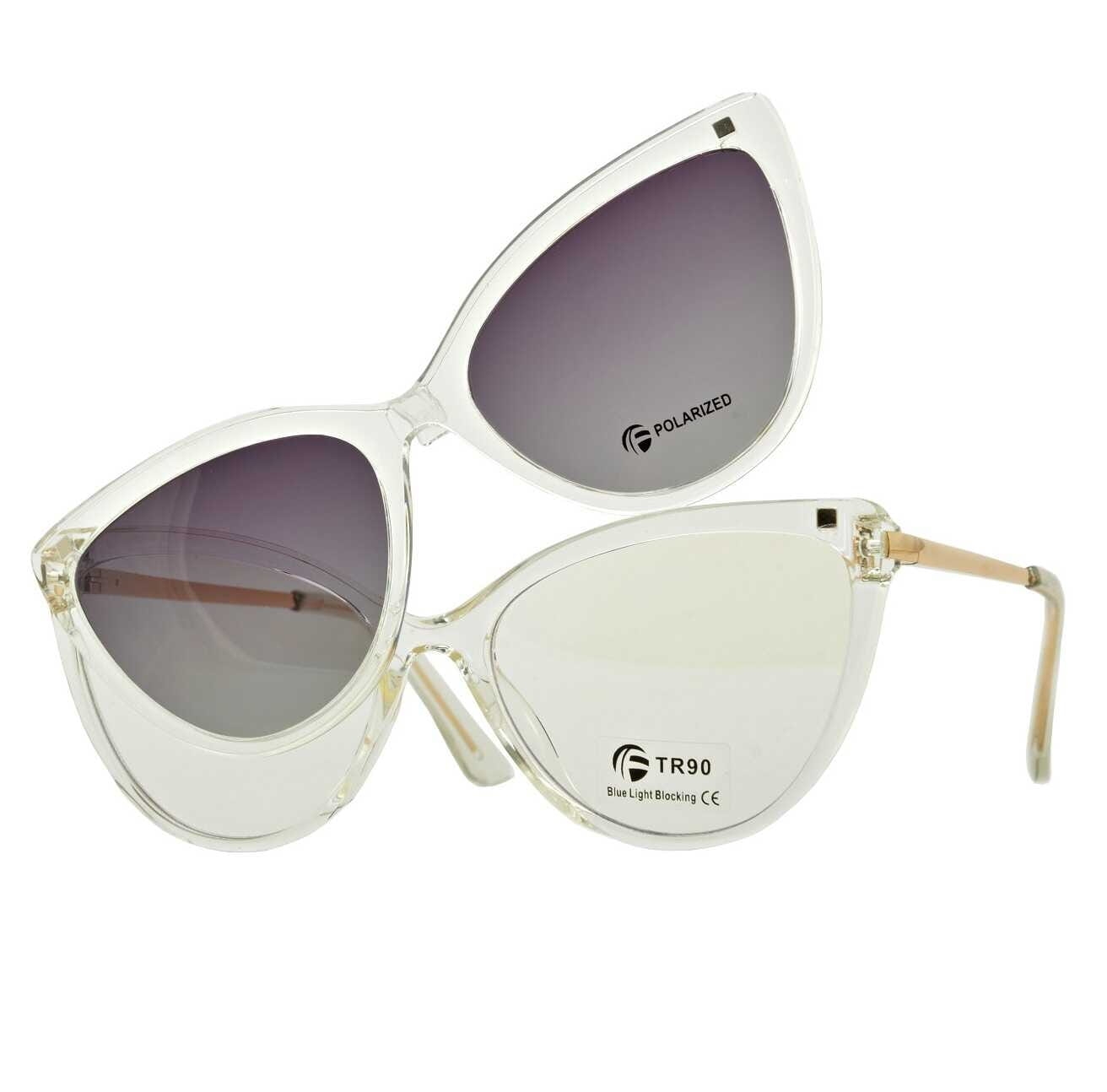 Bezbarwne damskie kocie okulary do komputera z nakładką przeciwsłoneczną clip-on 2593-3