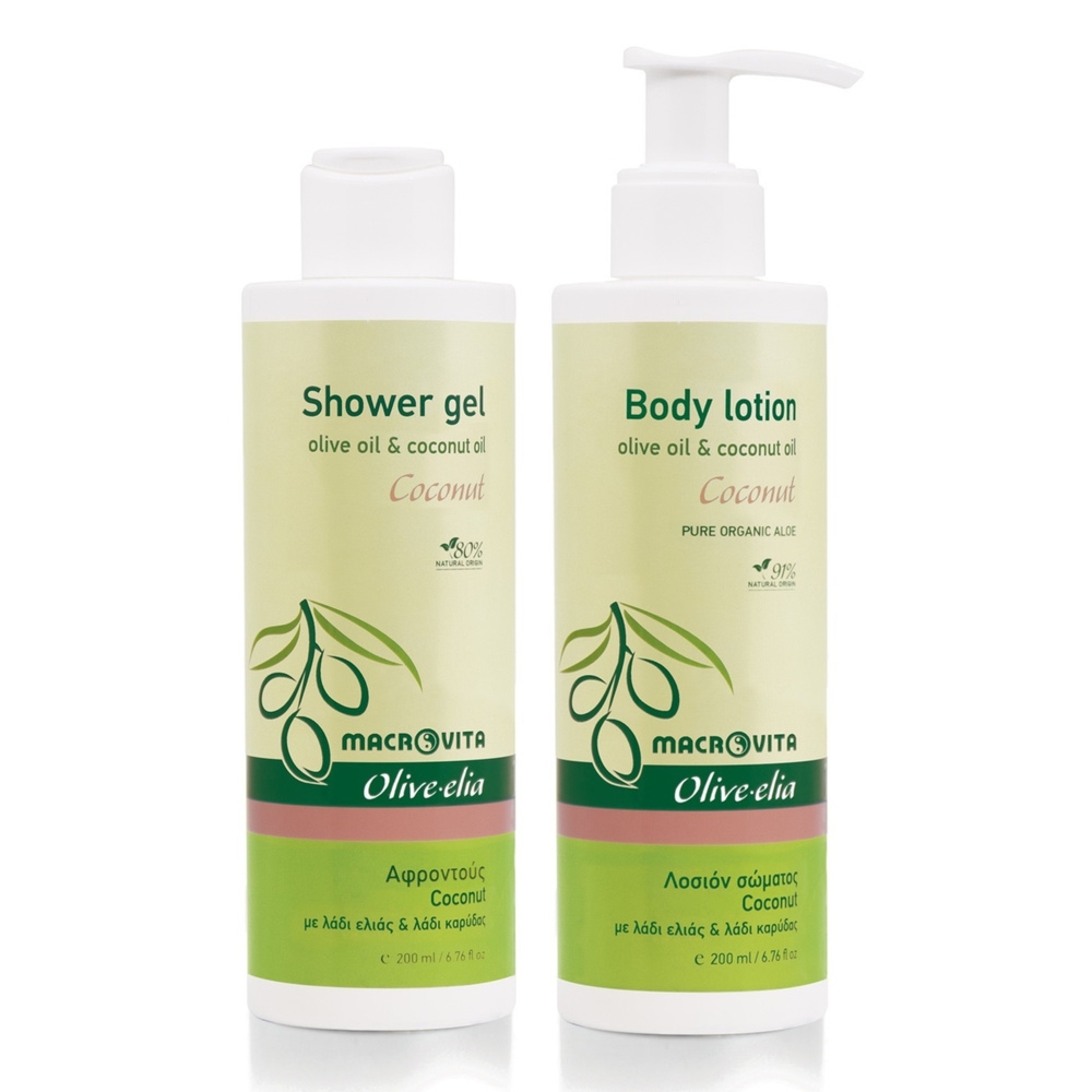 Zestaw Macrovita Olive.elia Coconut z bio-oliwą i olejkiem kokosowym: naturalne mleczko do ciała 200ml + żel pod prysznic 200ml