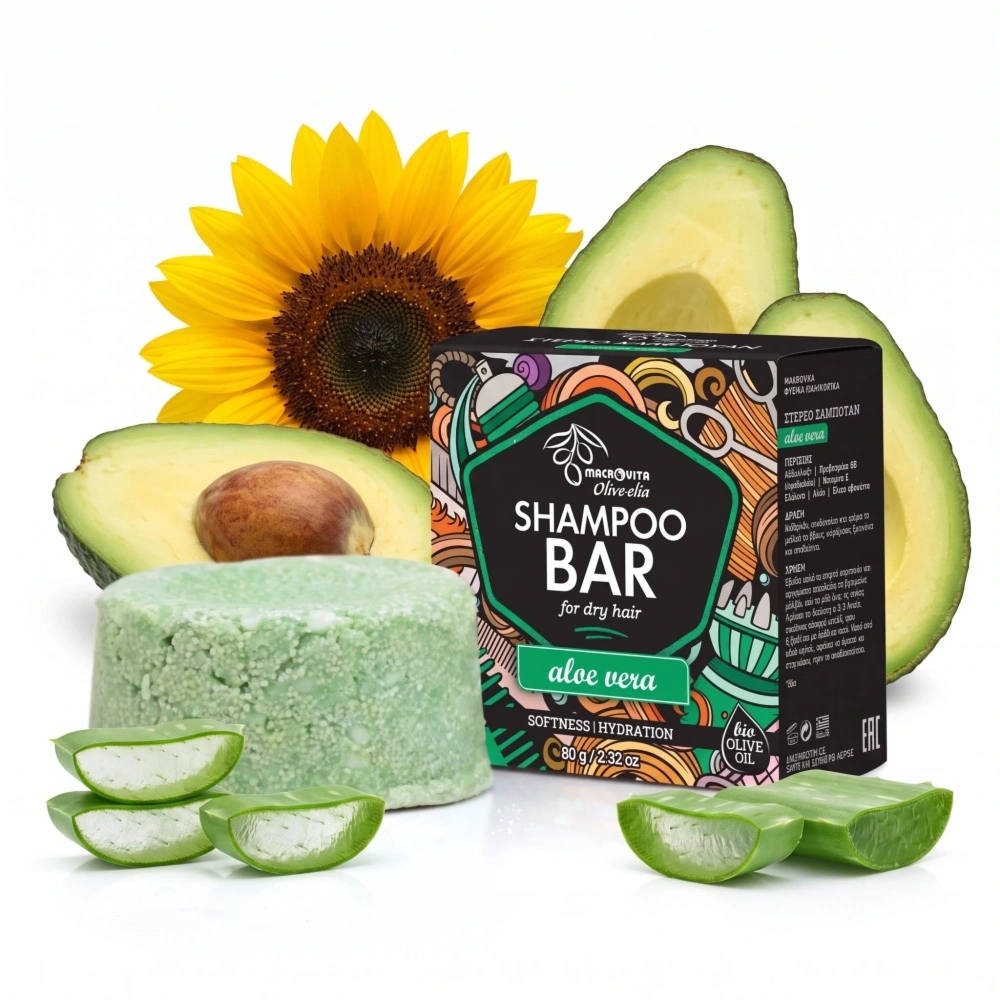 Macrovita Olive.elia Aloe Vera naturalny szampon w kostce do włosów suchych z bio-oliwą, pantenolem i witaminą E 80g