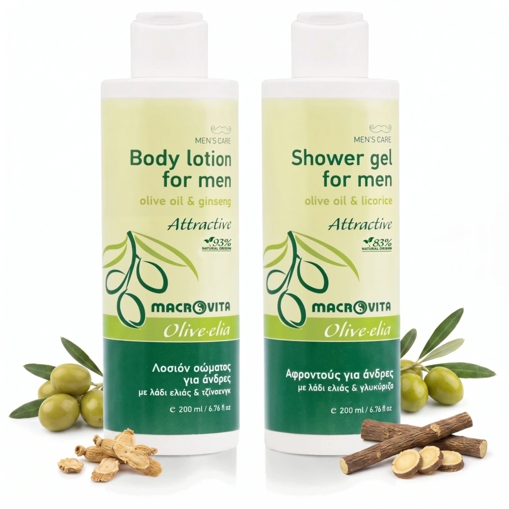 Zestaw Macrovita Olive.elia Attractive dla mężczyzn: naturalny balsam do ciała 200ml + żel pod prysznic 200ml