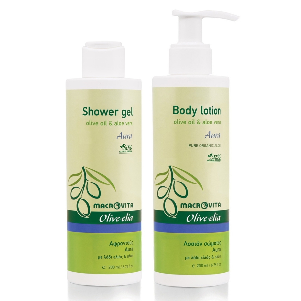 Zestaw Macrovita Olive.elia Aura z bio-oliwą i aloesem: naturalne mleczko do ciała 200ml + żel pod prysznic 200ml