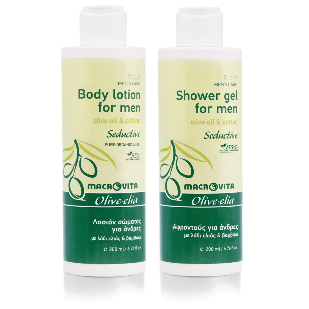 Zestaw Macrovita Olive.elia Seductive dla mężczyzn: naturalny balsam do ciała 200ml + żel pod prysznic 200ml