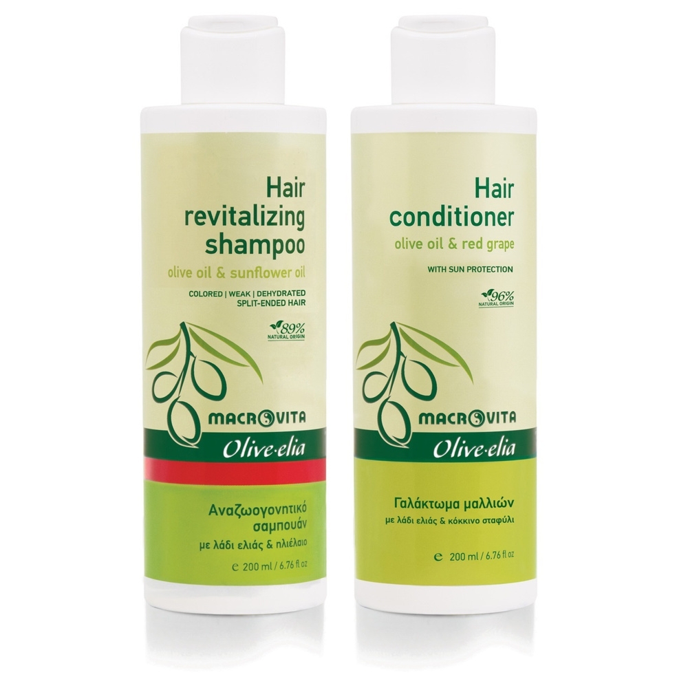 Zestaw Macrovita Olive.elia dla regeneracji włosów: szampon rewitalizujący 200ml + odżywka 200ml