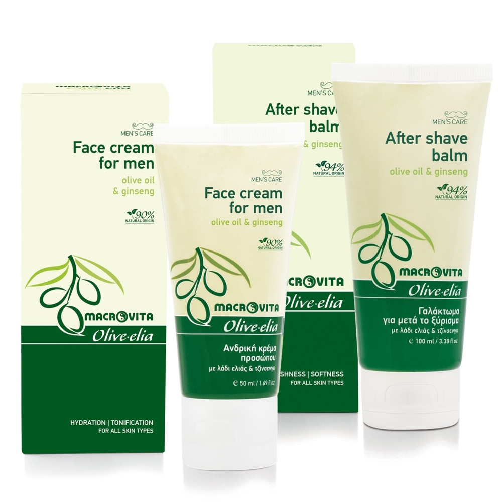 Zestaw Macrovita Olive.elia dla mężczyzn: naturalny balsam po goleniu 100ml + naturalny krem nawilżający 50ml