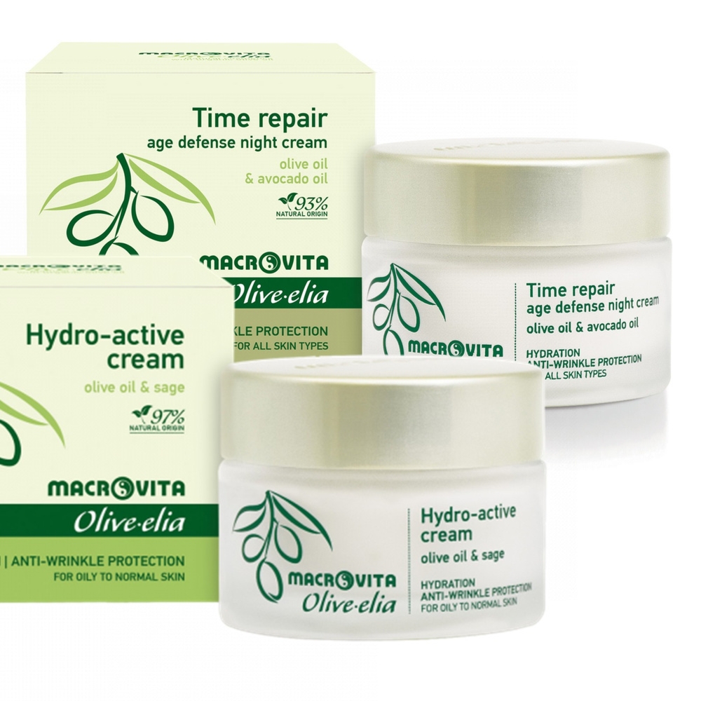 Zestaw Macrovita Olive.elia: krem aktywnie nawilżający do cery tłustej lub normalnej 50ml + krem przeciwzmarszczkowy na noc 50ml
