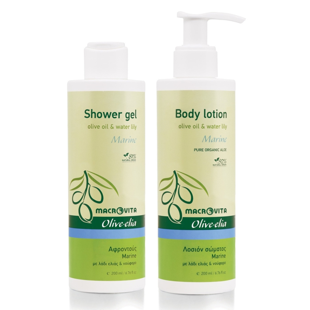 Zestaw Macrovita Olive.elia Marine z bio-oliwą i lilią wodną: naturalne mleczko do ciała 200ml + żel pod prysznic 200ml