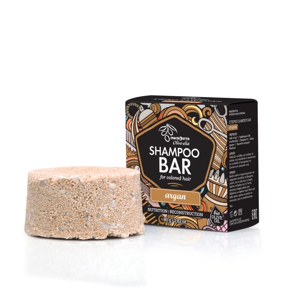 Macrovita Olive.elia Argan naturalny szampon w kostce do włosów farbowanych z bio-oliwą, pantenolem i witaminą E 80g