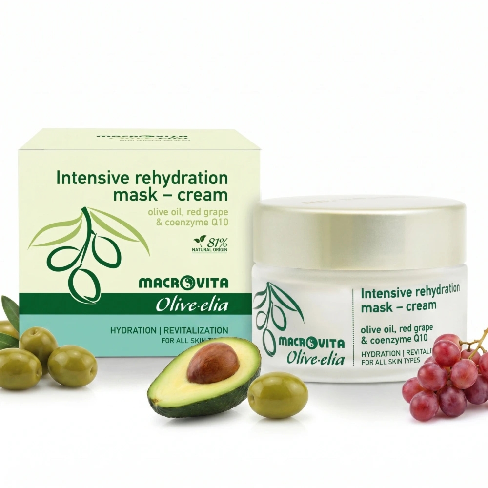 Macrovita Olive.elia naturalna maska-krem intensywnie nawilżająca z bio-oliwą i czerwonymi winogronami do wszystkich rodzajów cery 50ml