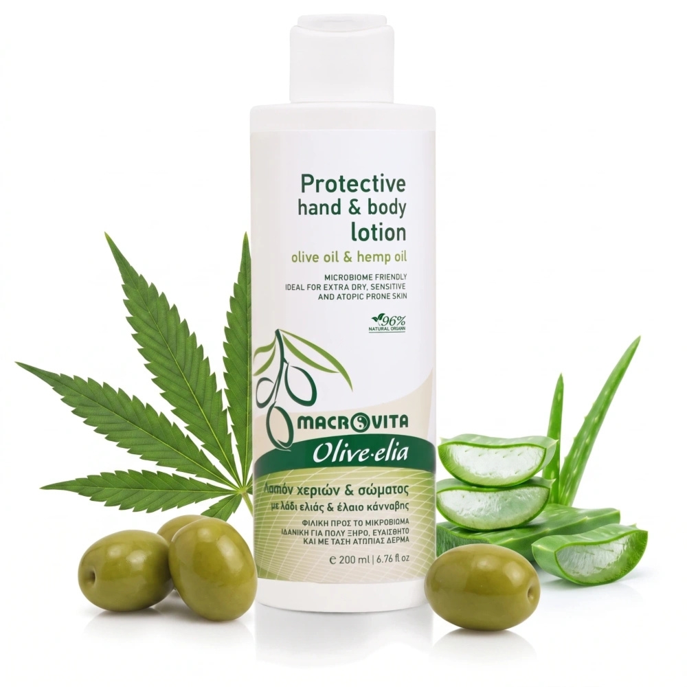 Macrovita Olive.elia przyjazne dla mikrobiomu ochronne mleczko do dłoni i ciała z bio-oliwą i olejem konopnym 200ml