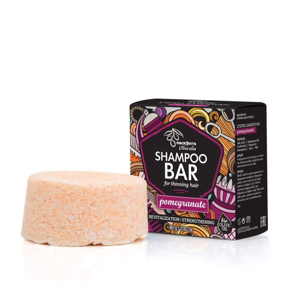 Macrovita Olive.elia Pomegranate naturalny szampon w kostce do włosów cienkich z bio-oliwą, pantenolem i witaminą E 80g