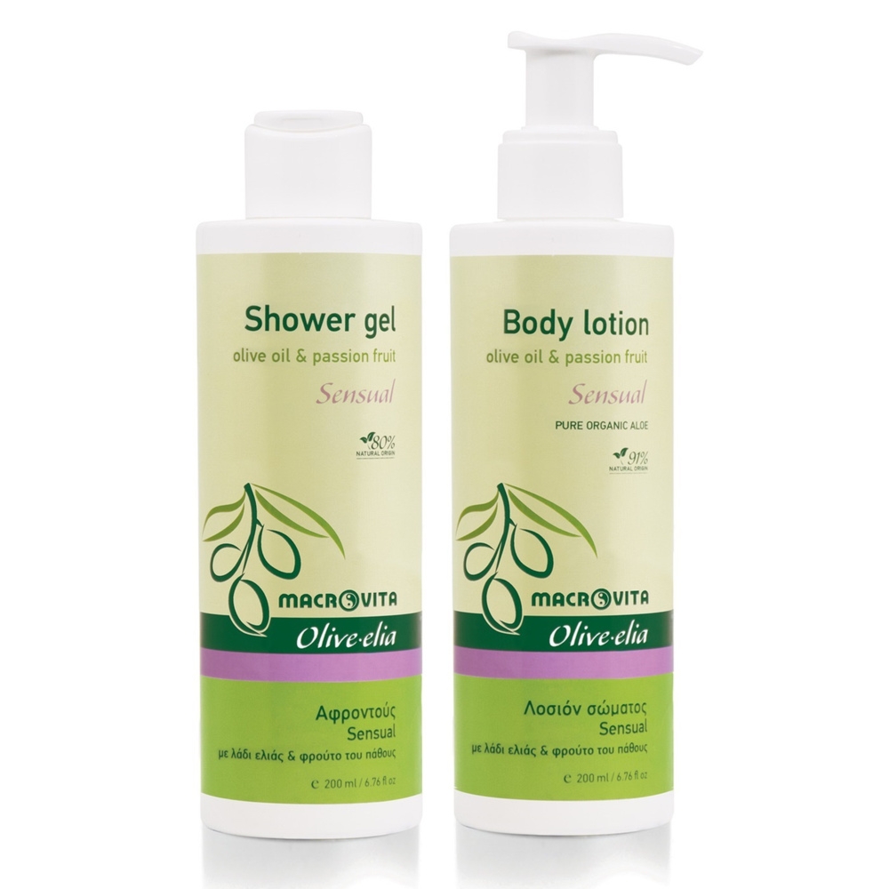 Zestaw Macrovita Olive.elia Sensual z bio-oliwą i passiflorą: naturalne mleczko do ciała 200ml + żel pod prysznic 200ml