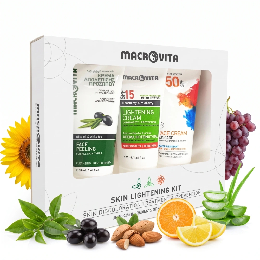 Zestaw Macrovita na przebarwienia: peeling do twarzy 50ml + krem SPF15 rozjaśniający przebarwienia 50ml + krem SPF50 do opalania 50ml