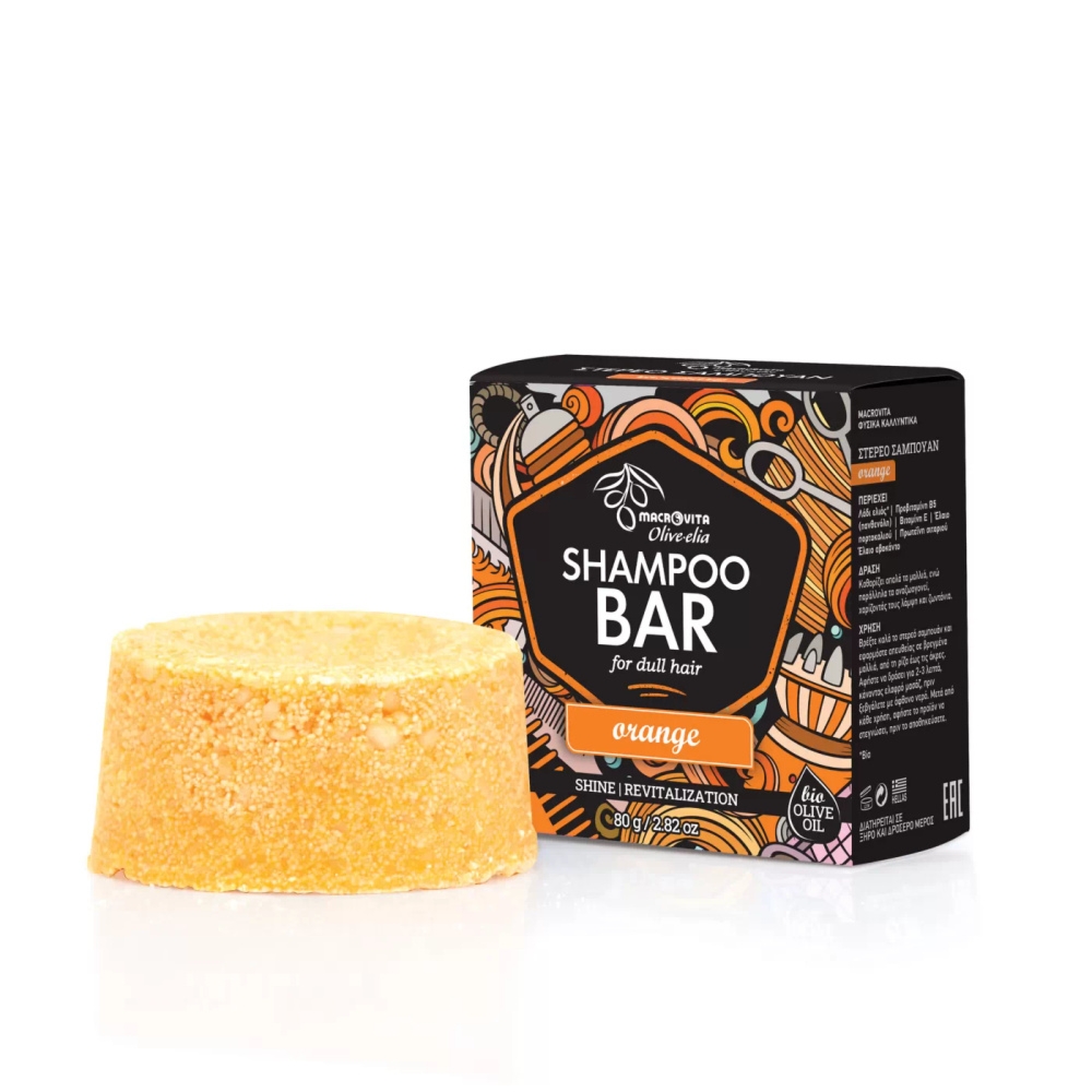Macrovita Olive.elia Orange naturalny szampon w kostce do włosów matowych z bio-oliwą, pantenolem i witaminą E 80g