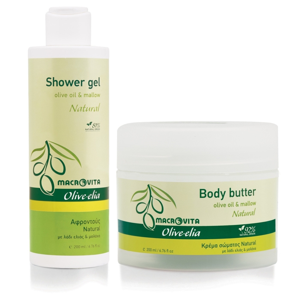 Zestaw Macrovita Olive.elia Natural z bio-oliwą i malwą: naturalne masło do ciała 200ml + żel pod prysznic 200ml