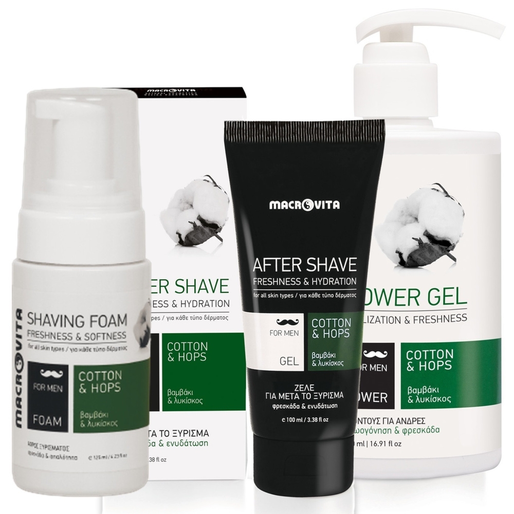 Zestaw Macrovita Men: pianka do golenia 125ml + żel po goleniu 100ml + naturalny żel pod prysznic 500ml