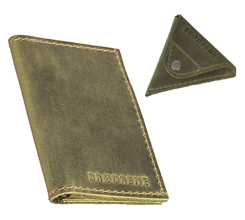 Skórzany Cienki Portfel Slim Wallet Brodrene + Bilonówka SW03+CW – oliwkowy