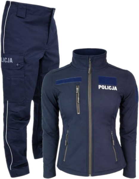 ZESTAW: Spodnie policyjne przejściowe - ripstop i Kurtka Softshell Policji - damska, z rzepami i zamkami