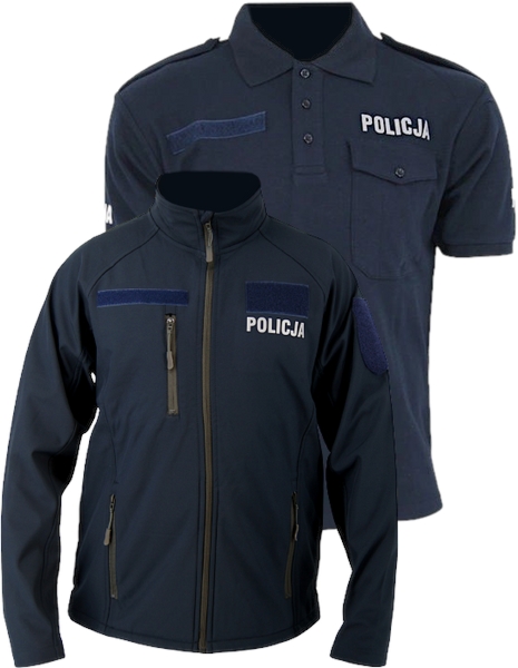 ZESTAW: Kurtka Softshell Policji, z rzepami i zamkami i Koszulka polo granatowa Policji