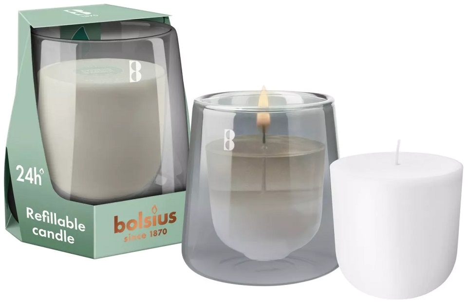 Bolsius CleanLight CYPRYS i AMBER szary świecznik z wymienną wkładką zapachową