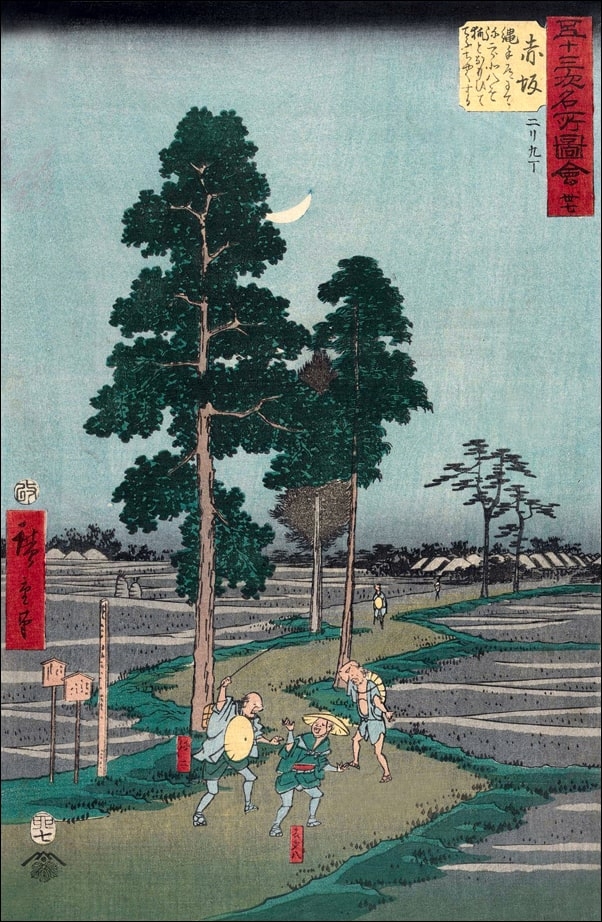 Image of Akasaka On the Nawate Road, Yajirôbei Takes Kitahachi for a Fox and Beats Him, Hiroshige Ando - plakat Wymiar do wyboru: 42x59,4 cm