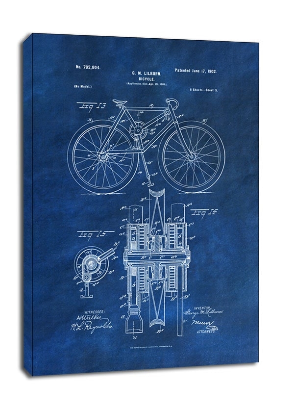 Image of Patent, Mechanizm Rowerowy Projekt z 1902 Niebieski - obraz na płótnie Wymiar do wyboru: 40x60 cm