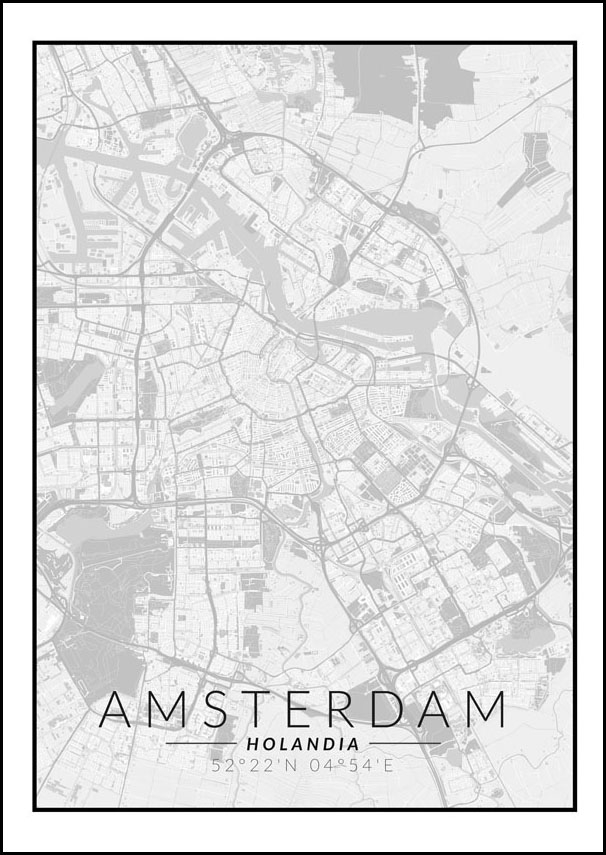 Image of Amsterdam mapa czarno biała - plakat Wymiar do wyboru: 59,4x84,1 cm