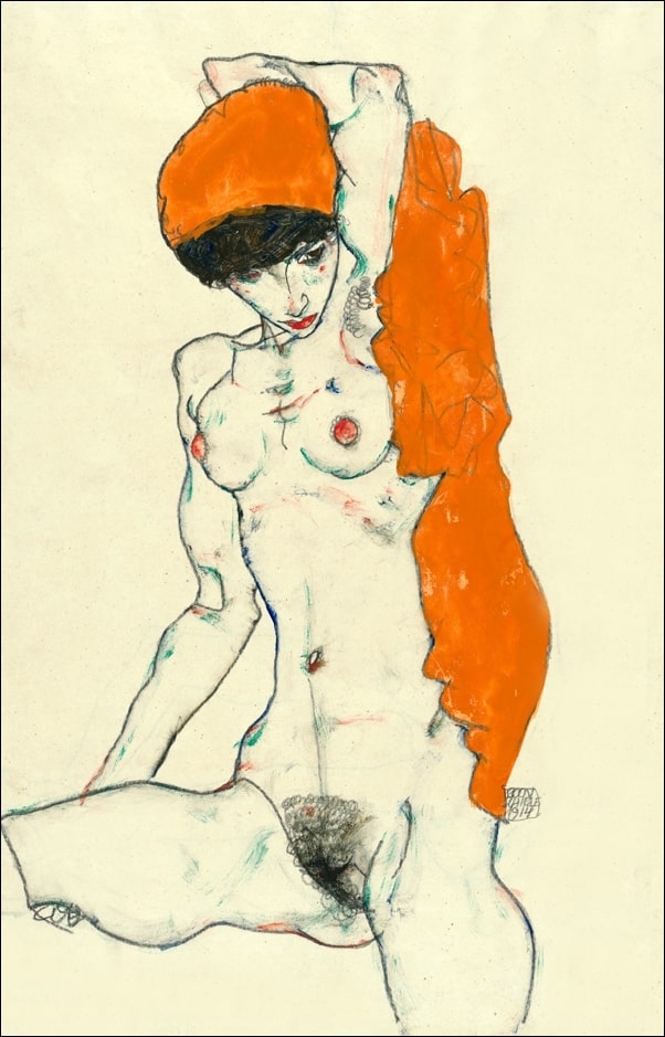 Image of Standing Nude with Orange Drapery (recto) Study of Nude with Arms Raised (verso), Egon Schiele - plakat Wymiar do wyboru: 29,7x42 cm