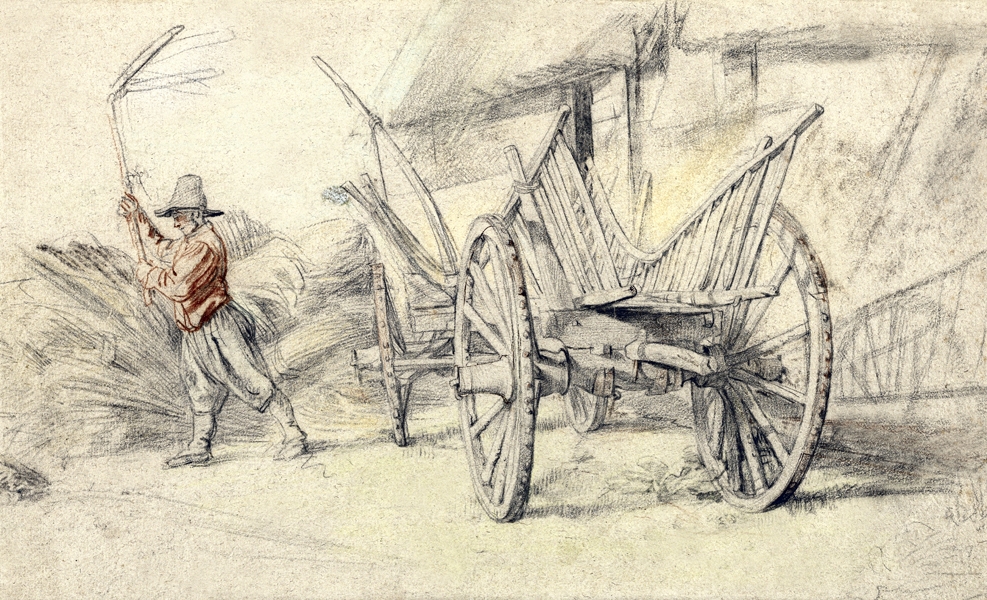 Image of A Man Threshing Beside a Wagon, Farm Buildings Behind, Rubens - plakat Wymiar do wyboru: 80x60 cm