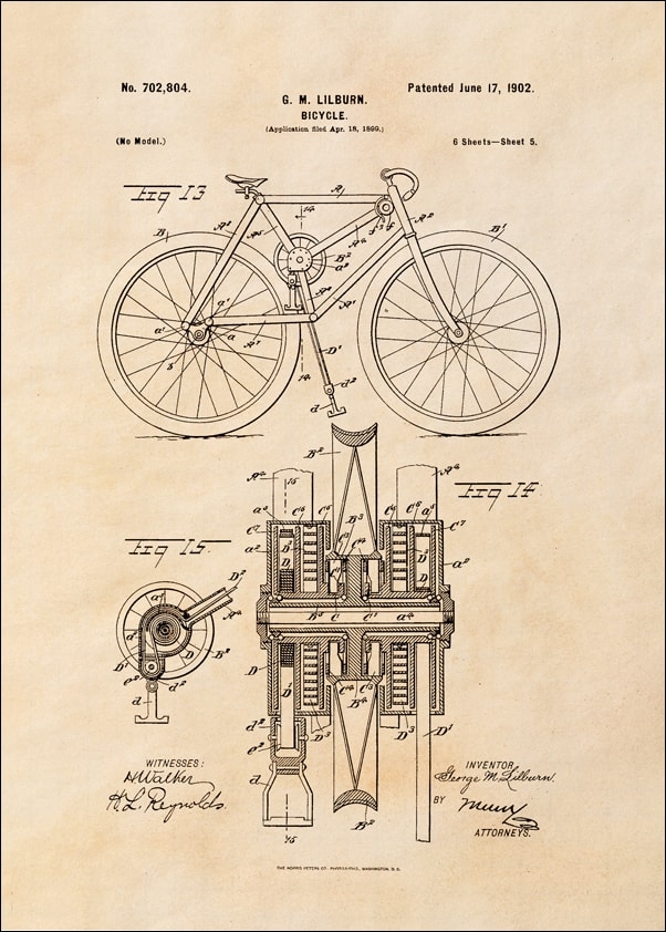 Image of Patent Mechanizm Rowerowy Projekt z 1902, sepia - plakat Wymiar do wyboru: 29,7x42 cm